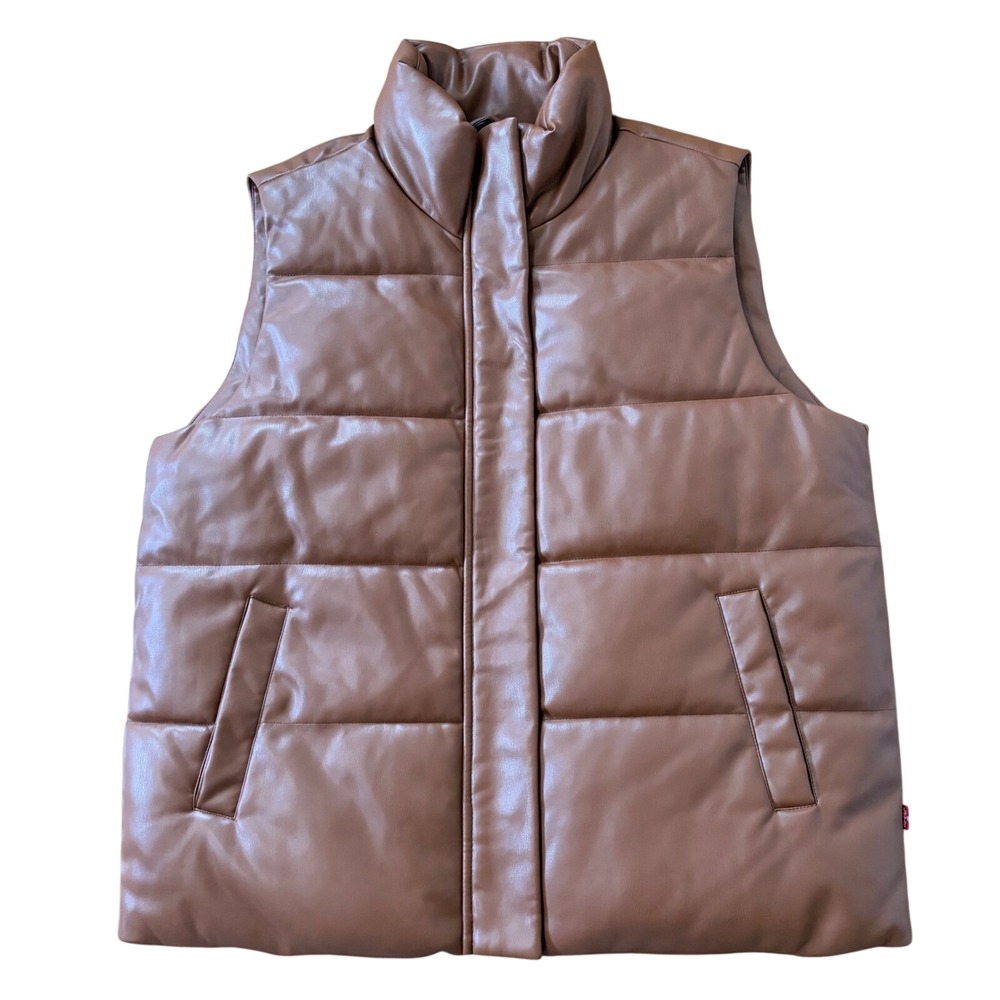 Levi's Puffer Vest Caramel‎ Brown Faux Leather Women's Large Oversized Neutral